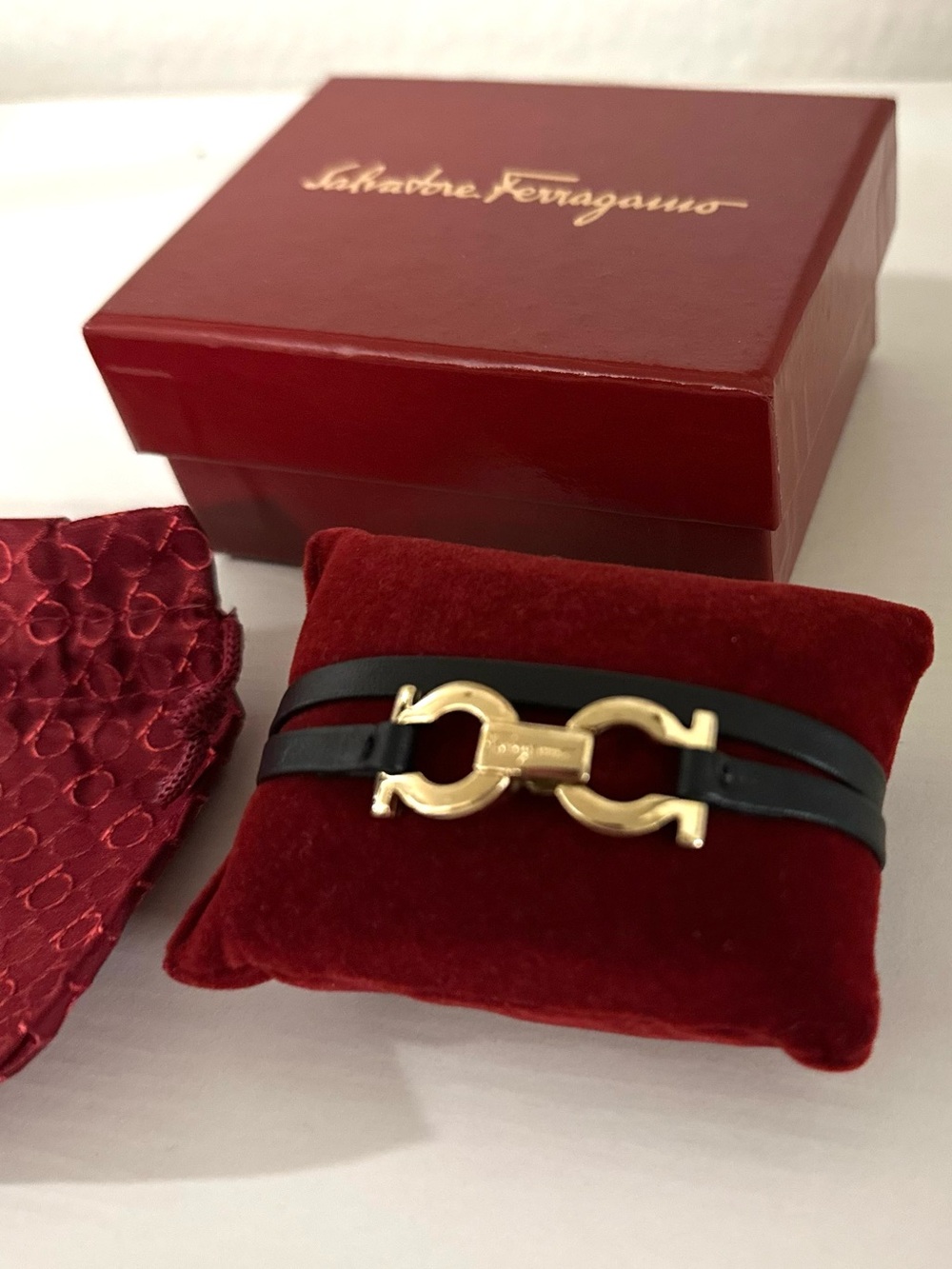 SALVATORE FERRAGAMO Black Leather Double-Wrap Bracelet with Gold Gancini Clasp